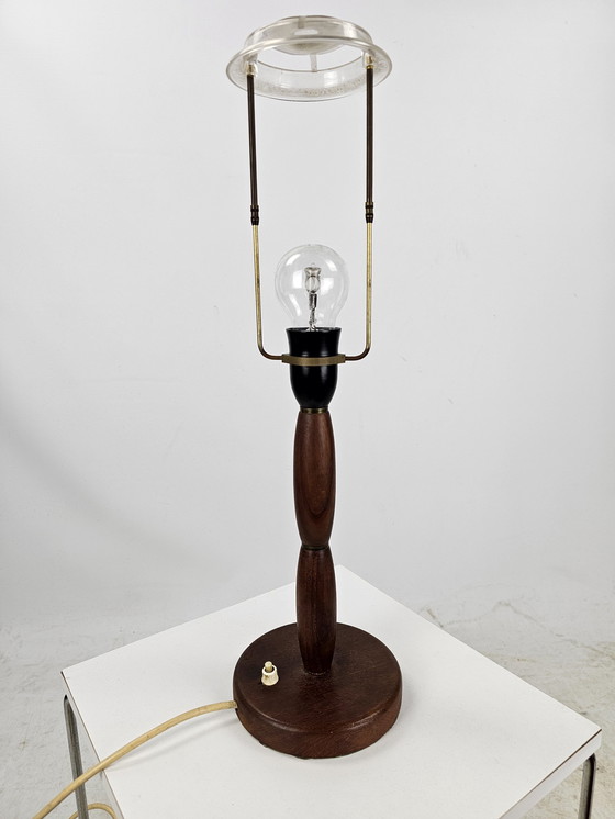 Image 1 of Teak Wooden Table Lamp With Red Pleated Shade Danish