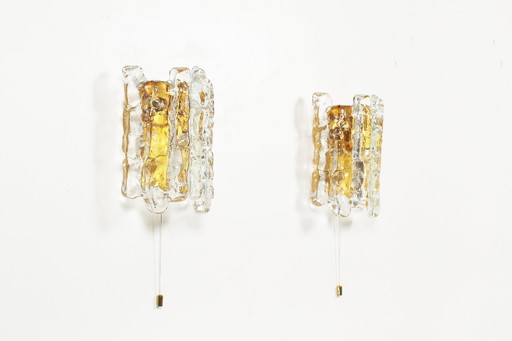 2X Brass And Heavy Ice Glass Sconces By Kalmar, Austria 1970’S