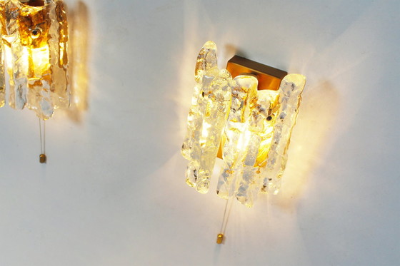 Image 1 of 2X Brass And Heavy Ice Glass Sconces By Kalmar, Austria 1970’S