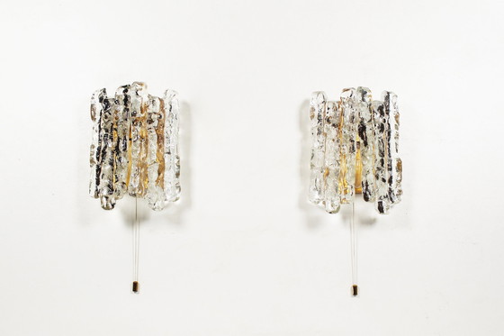 Image 1 of 2X Brass And Heavy Ice Glass Sconces By Kalmar, Austria 1970’S