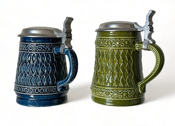 Image 1 of Original German Gerz Beer Mugs With Lid, Gerzit Beer Mug, German Beer Mug, German Beer Mug