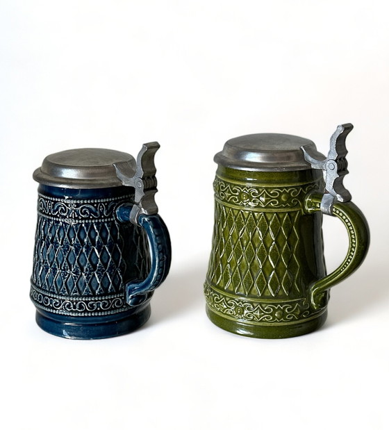 Image 1 of Original German Gerz Beer Mugs With Lid, Gerzit Beer Mug, German Beer Mug, German Beer Mug