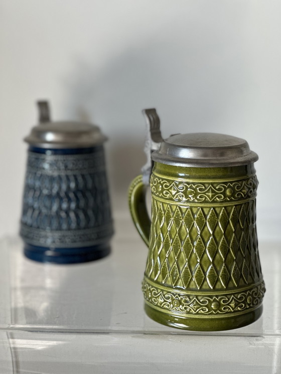 Image 1 of Original German Gerz Beer Mugs With Lid, Gerzit Beer Mug, German Beer Mug, German Beer Mug