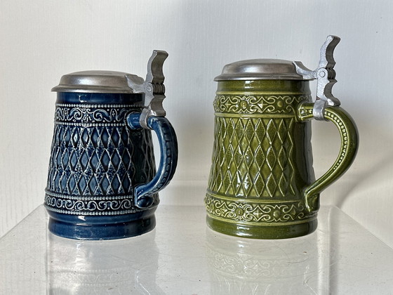 Image 1 of Original German Gerz Beer Mugs With Lid, Gerzit Beer Mug, German Beer Mug, German Beer Mug