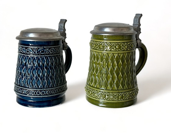 Image 1 of Original German Gerz Beer Mugs With Lid, Gerzit Beer Mug, German Beer Mug, German Beer Mug