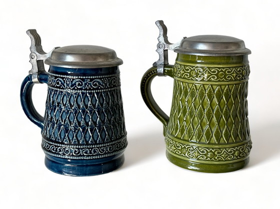 Image 1 of Original German Gerz Beer Mugs With Lid, Gerzit Beer Mug, German Beer Mug, German Beer Mug