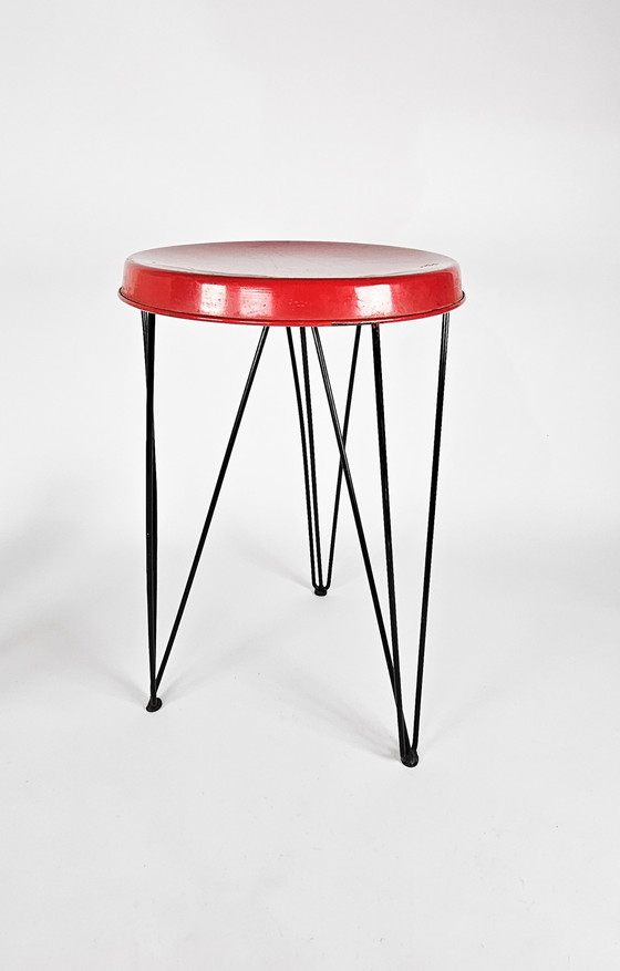 Image 1 of Tabouret Seggiolina - Pilastro design by Tjerk Reijenga - Amsterdam Netherlands - 1950s - Hairpin tripod stool - hocker