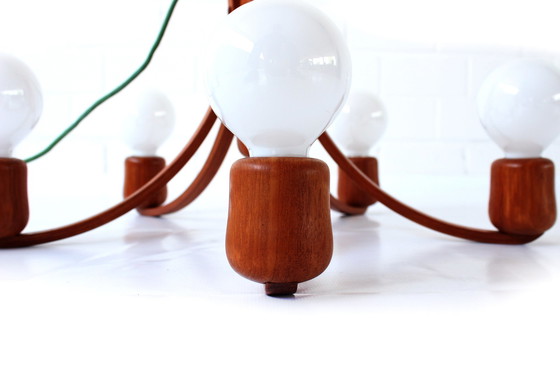 Image 1 of as new, DOMUS Danish Mid Century Teak LED Lamp / Chandeliers, pendant light with 5x Paulmann LED, 