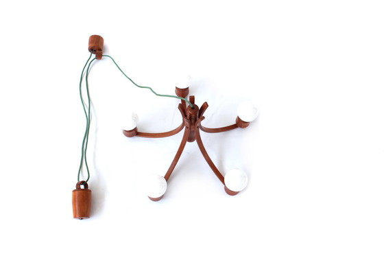 Image 1 of as new, DOMUS Danish Mid Century Teak LED Lamp / Chandeliers, pendant light with 5x Paulmann LED, 