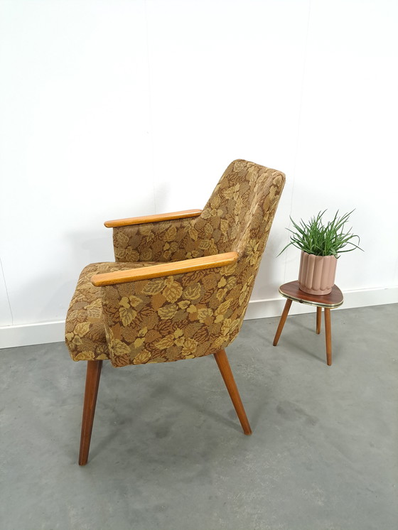Image 1 of Fauteuil en tissu avec dossier en bois et feuilles vintage