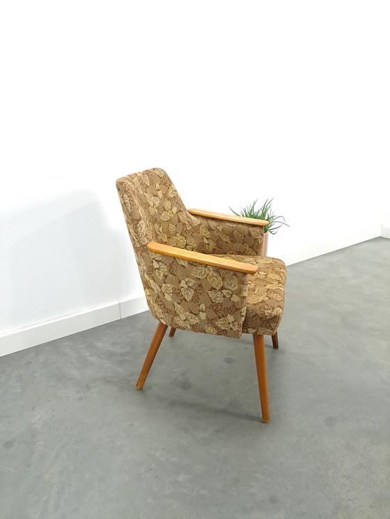 Image 1 of Fauteuil en tissu avec dossier en bois et feuilles vintage