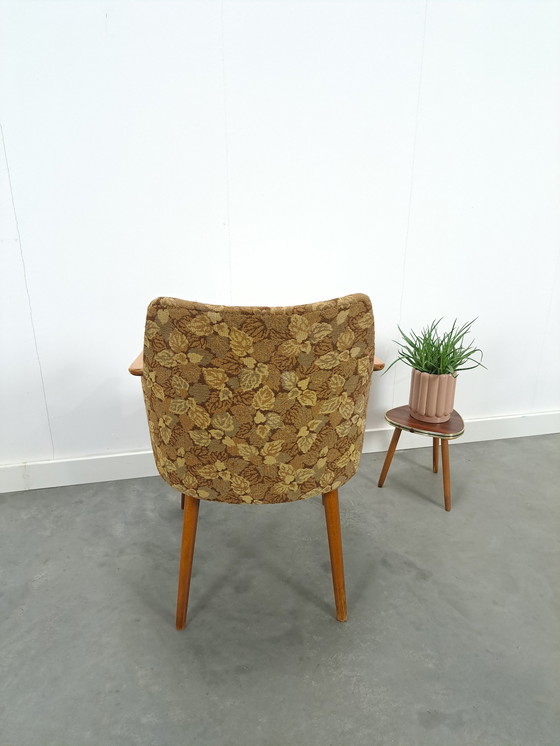 Image 1 of Fauteuil en tissu avec dossier en bois et feuilles vintage