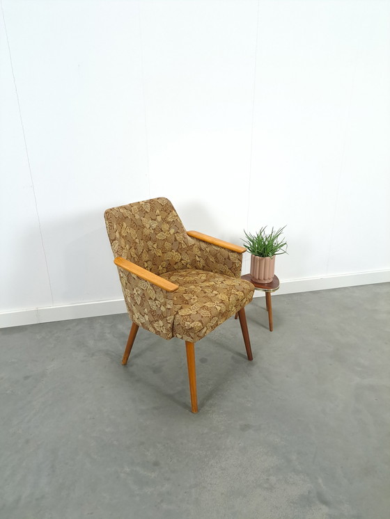 Image 1 of Fauteuil en tissu avec dossier en bois et feuilles vintage