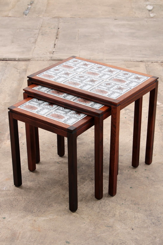 Image 1 of Danish Vintage Set of Side Tables with cream brown tiles, 1960s