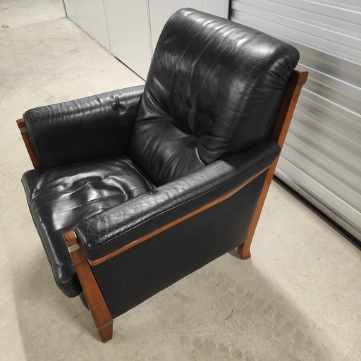 Armchair art-deco black leather with wood