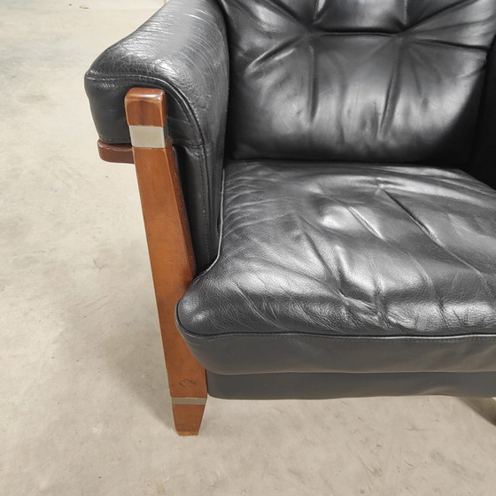 Image 1 of Armchair art-deco black leather with wood