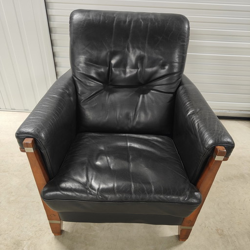 Armchair art-deco black leather with wood