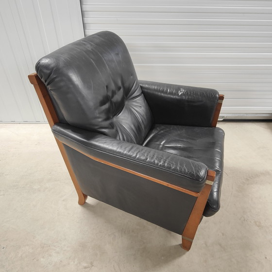 Image 1 of Armchair art-deco black leather with wood