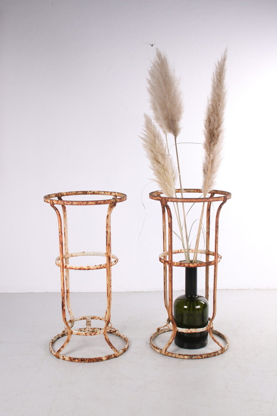 Image 1 of Very old wrought iron French garden stand, a set of 2 with beautiful patina.