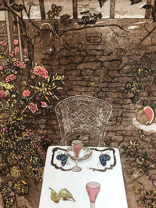 Margo Ellen- Dinner with melon. Color etching signed and framed