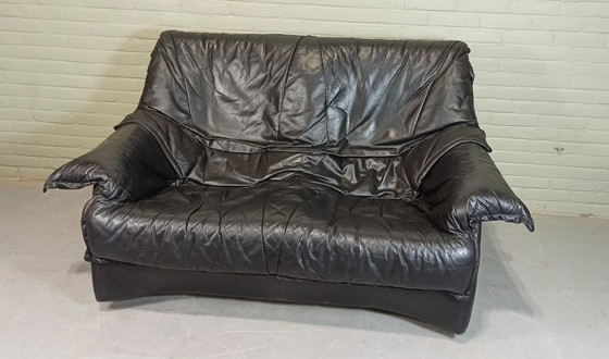 Image 1 of Vintage zwart leren 2-zitsbank