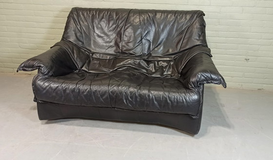Image 1 of Vintage zwart leren 2-zitsbank