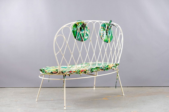 Image 1 of White Mid-Century Flower Iron Garden Bench, 1960s