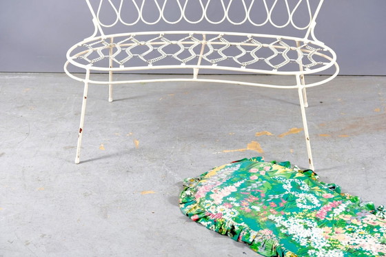 Image 1 of White Mid-Century Flower Iron Garden Bench, 1960s