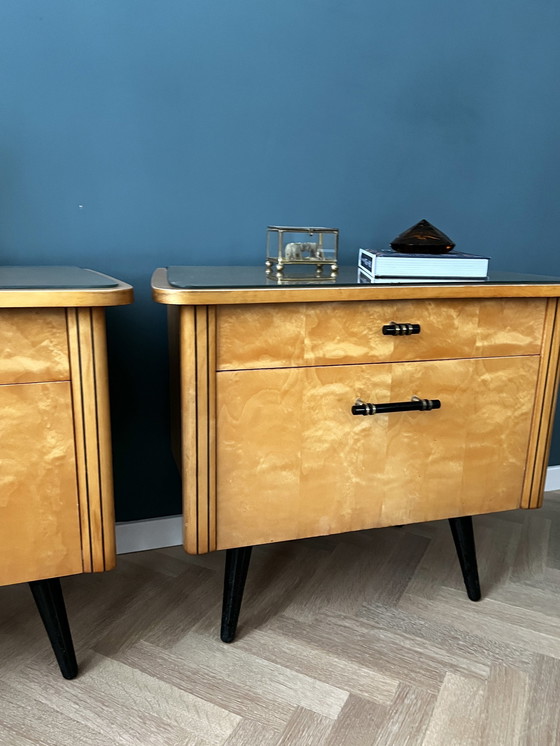 Image 1 of Set of vintage bedside tables blond wooden black legs