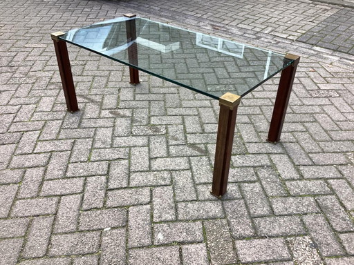 1x Peter Ghyczy Coffee table Wood, Messing, Glass from the 1970s