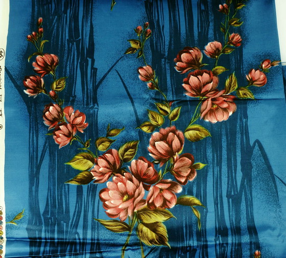 Image 1 of 1950s FABRIC curtain fabric satin with floral pattern 2 panels