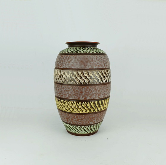 Image 1 of 1950's akru keramik VASE sgraffito decor drip glaze model 10/35