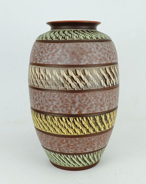 Image 1 of 1950's akru keramik VASE sgraffito decor drip glaze model 10/35