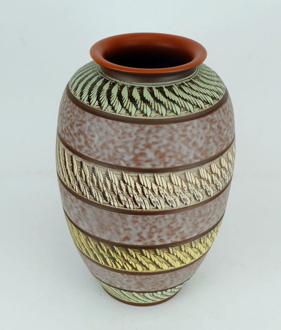 Image 1 of 1950's akru keramik VASE sgraffito decor drip glaze model 10/35