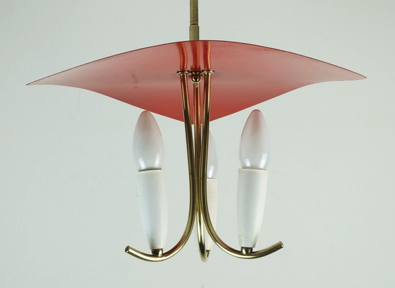 Image 1 of beautiful 1950s mid century 3-light pendant brass metal plastic stilnovo era