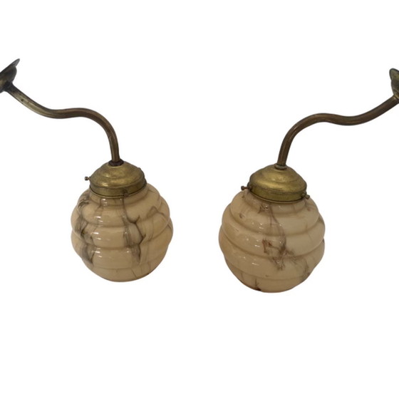 Image 1 of Art deco - Night light / bed side lamp - Wall mounted lamp with marbled glass on brass base (available as set of two)