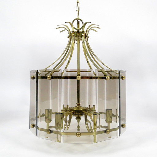 Brass and smoked glass chandelier