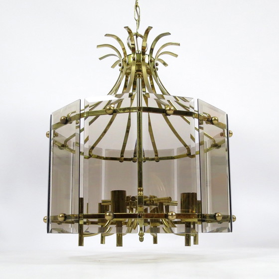 Image 1 of Brass and smoked glass chandelier