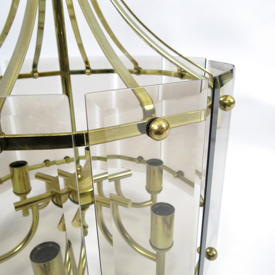 Image 1 of Brass and smoked glass chandelier