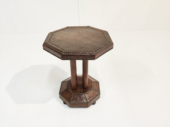 Image 1 of Art deco studded leather side table, 1930s