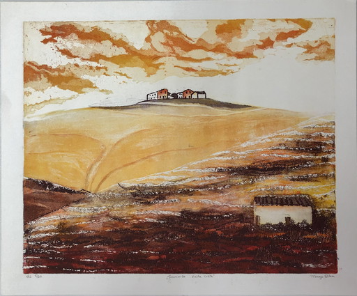 Margo Ellen-Tramonte sulla crete. Color etching signed and framed.