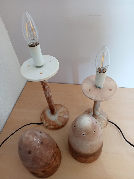 Image 1 of Vente : 2 x lampes champignons en marbre français, ambiance terre cuite.