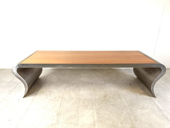 Image 1 of XL aluminum and wooden dining table, 1990s