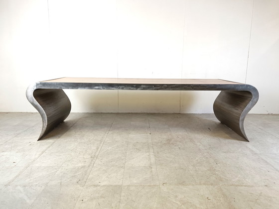 Image 1 of XL aluminum and wooden dining table, 1990s