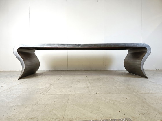 Image 1 of XL aluminum and wooden dining table, 1990s