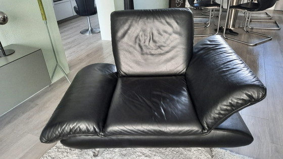 Image 1 of Black leather 2.5 seat sofa and 2 armchairs with adjustable armrests
