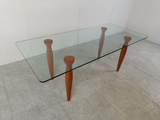 Image 1 of Table de salle à manger italienne vintage en verre et bois
