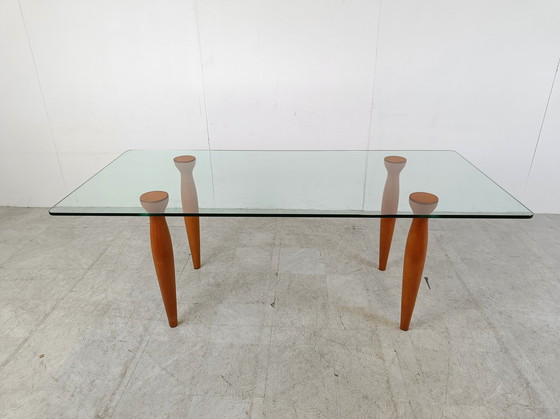 Image 1 of Table de salle à manger italienne vintage en verre et bois