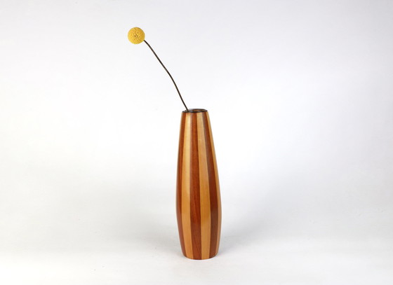 Image 1 of Mid Century Wood Vase Striped Teak Modernist