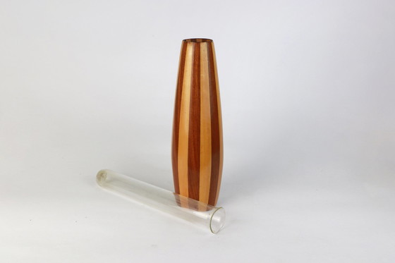 Image 1 of Mid Century Wood Vase Striped Teak Modernist